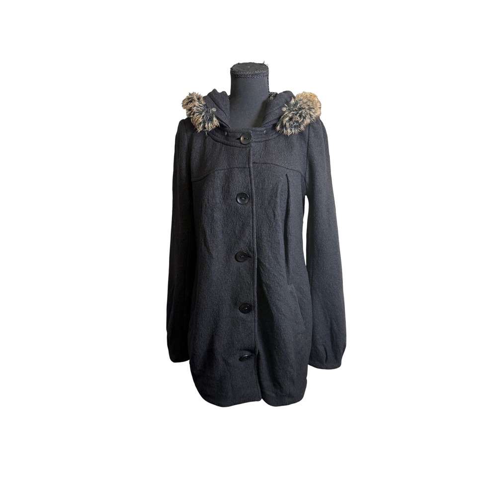 Free People Hooded Coat Small Grey Wool Blend Faux Fur Indie Boho Whimsigoth